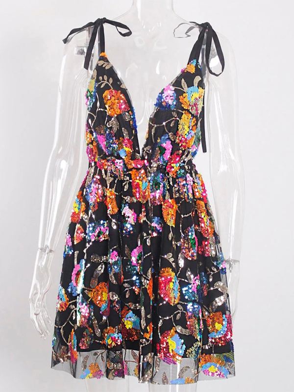 Sloane Women's Sexy Deep V Backless Sequin Floral Strappy Short Dress