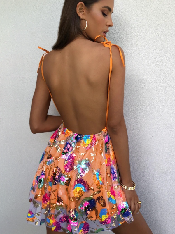 Sloane Women's Sexy Deep V Backless Sequin Floral Strappy Short Dress