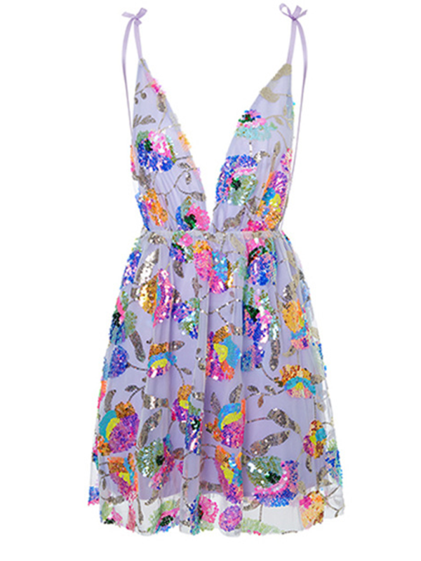Sloane Women's Sexy Deep V Backless Sequin Floral Strappy Short Dress