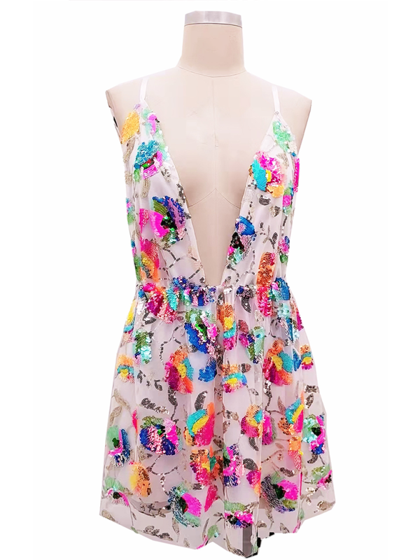 Sloane Women's Sexy Deep V Backless Sequin Floral Strappy Short Dress
