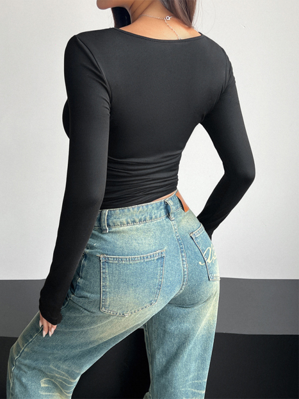 Reign New Square Neck Long Sleeve Pullover Tight Casual Fashion Top