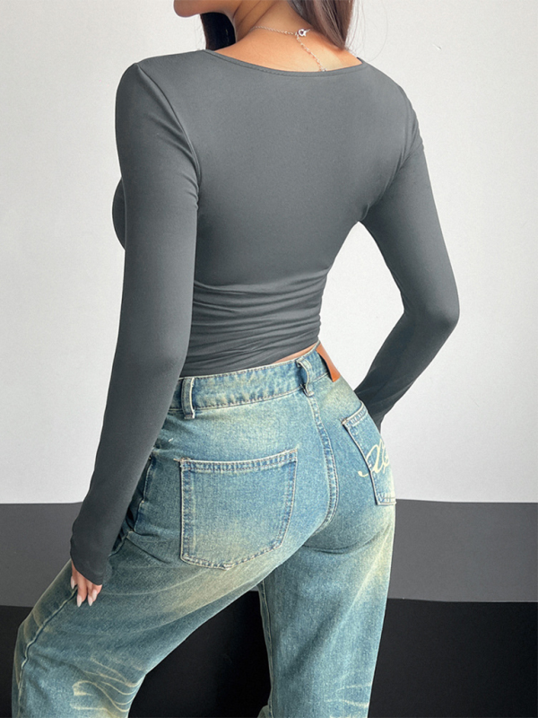 Reign New Square Neck Long Sleeve Pullover Tight Casual Fashion Top