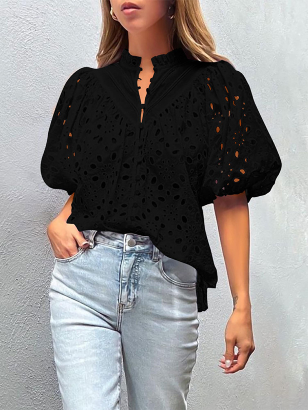 Deanna Women's New Style Puff Sleeve Embroidered Shirt
