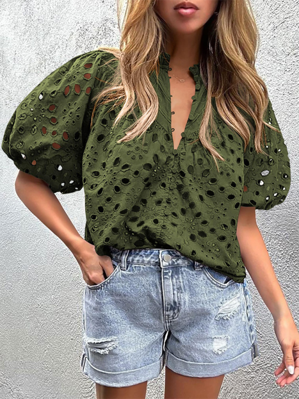 Deanna Women's New Style Puff Sleeve Embroidered Shirt
