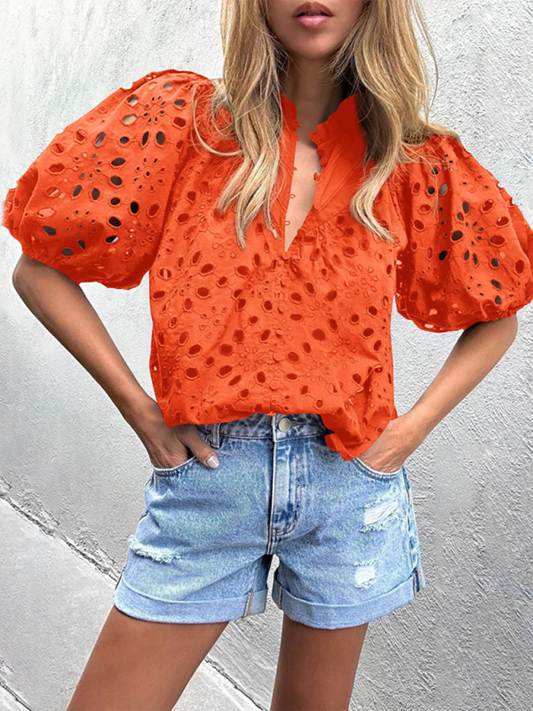 Deanna Women's New Style Puff Sleeve Embroidered Shirt