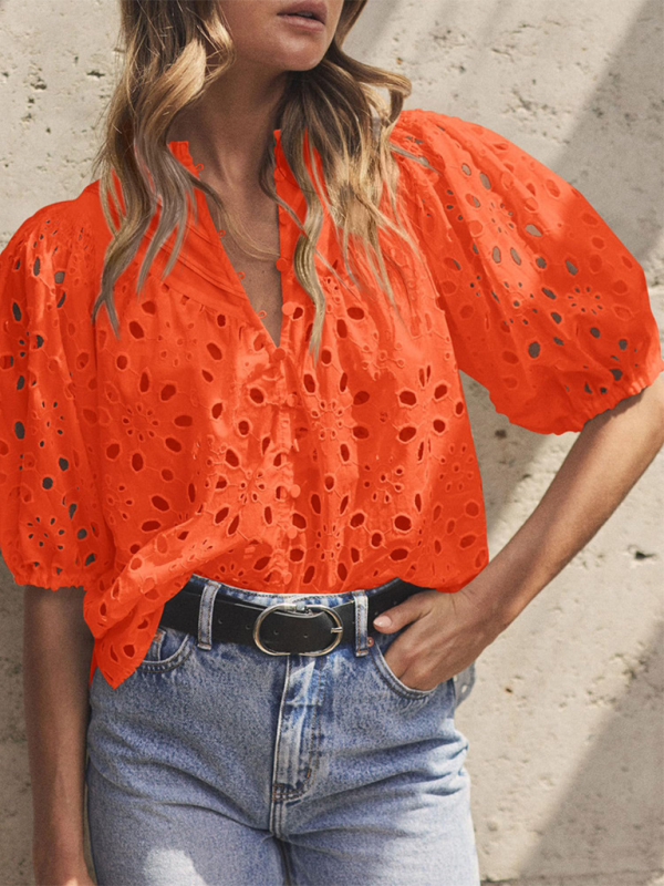 Deanna Women's New Style Puff Sleeve Embroidered Shirt