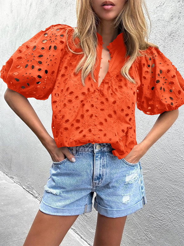 Deanna Women's New Style Puff Sleeve Embroidered Shirt