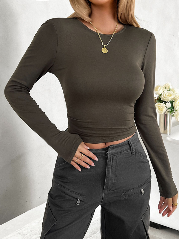 Cassandra New Round Neck Solid Color Slim Long Sleeve Top