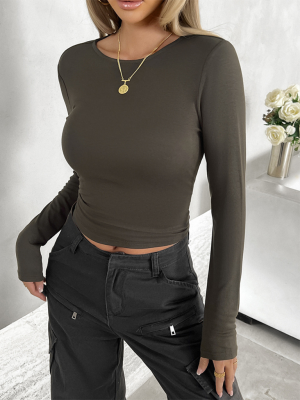 Cassandra New Round Neck Solid Color Slim Long Sleeve Top