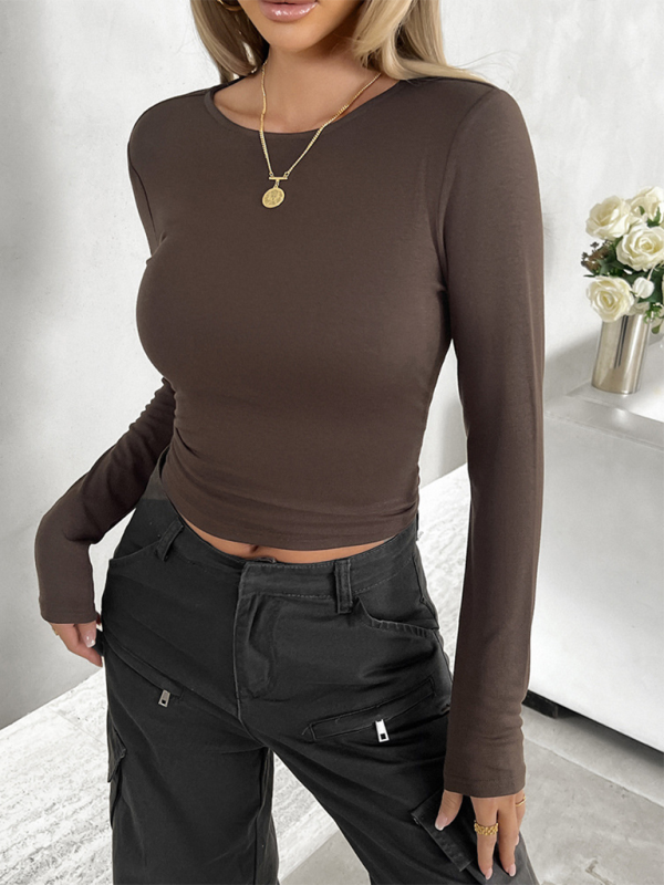 Cassandra New Round Neck Solid Color Slim Long Sleeve Top