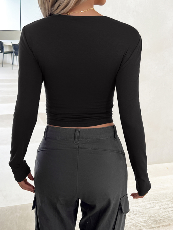 Cassandra New Round Neck Solid Color Slim Long Sleeve Top
