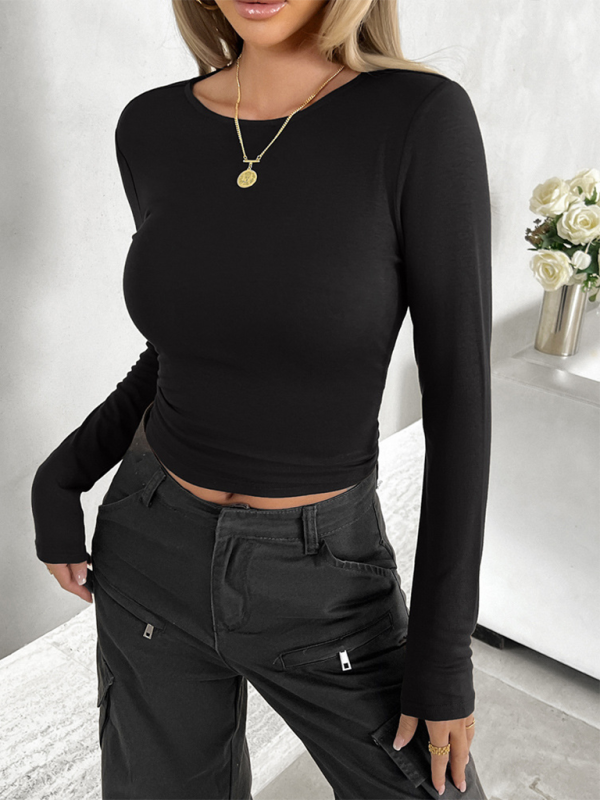 Cassandra New Round Neck Solid Color Slim Long Sleeve Top