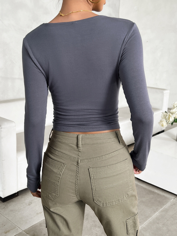 Cassandra New Round Neck Solid Color Slim Long Sleeve Top