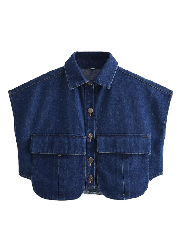 Artemis Women's Solid Color Big Pocket Sleeveless Lapel Shirt Denim Top