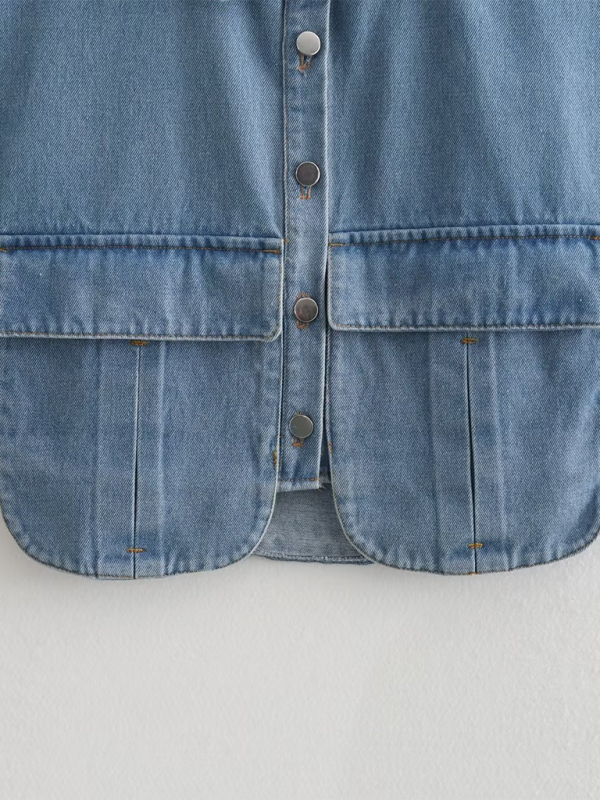 Artemis Women's Solid Color Big Pocket Sleeveless Lapel Shirt Denim Top