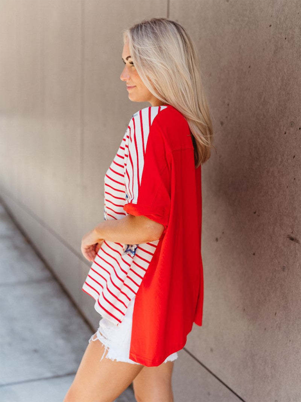 Chloe Sequined Star Stripe Short Sleeve Independence Day Top Loose T-Shirt