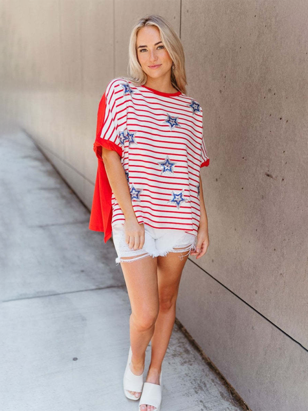 Chloe Sequined Star Stripe Short Sleeve Independence Day Top Loose T-Shirt