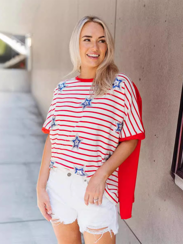 Chloe Sequined Star Stripe Short Sleeve Independence Day Top Loose T-Shirt