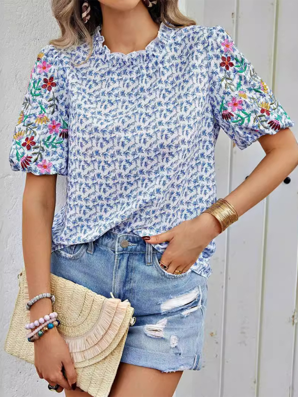 Evalina New Embroidered Printed Buckled Wave High Neck Short Colorblock Top