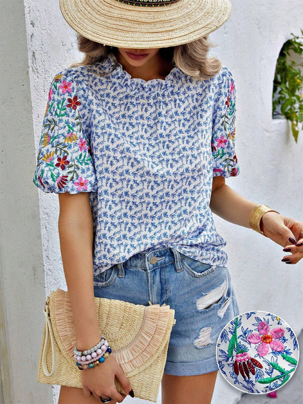 Evalina New Embroidered Printed Buckled Wave High Neck Short Colorblock Top