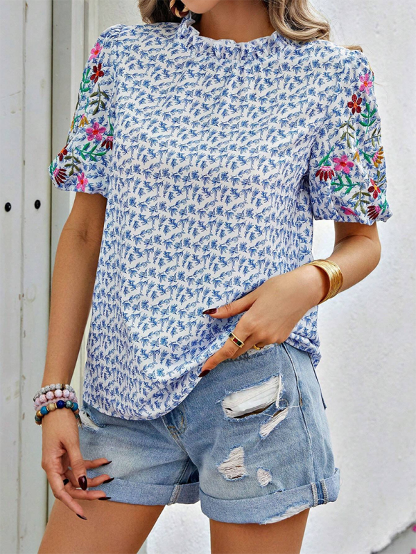 Evalina New Embroidered Printed Buckled Wave High Neck Short Colorblock Top