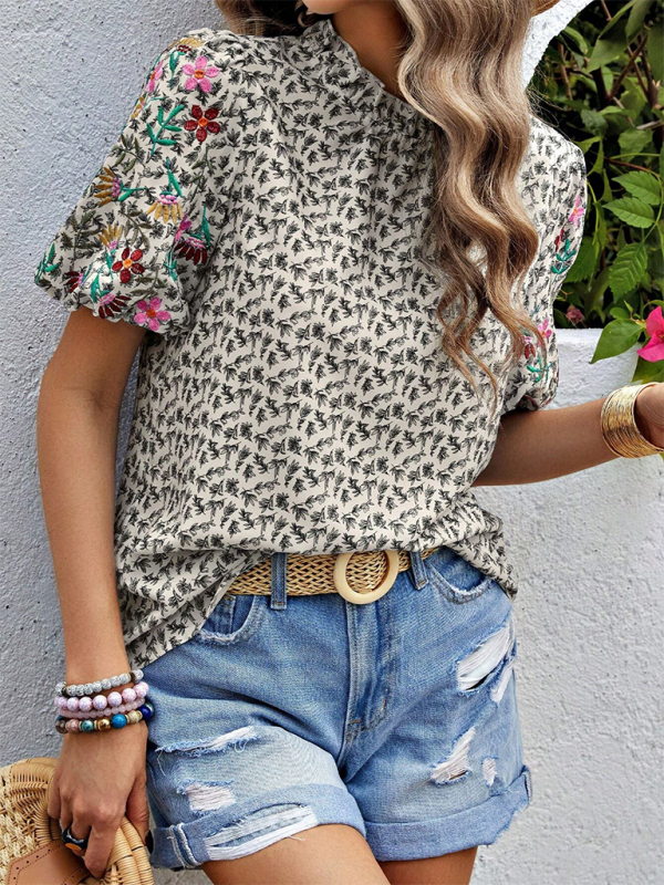 Evalina New Embroidered Printed Buckled Wave High Neck Short Colorblock Top