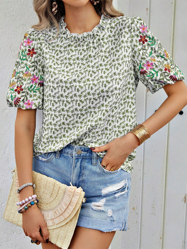 Evalina New Embroidered Printed Buckled Wave High Neck Short Colorblock Top