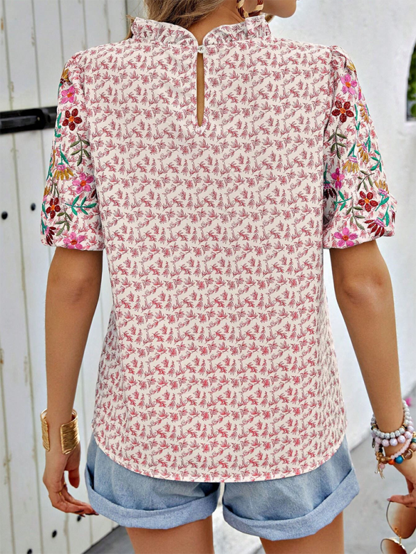 Evalina New Embroidered Printed Buckled Wave High Neck Short Colorblock Top