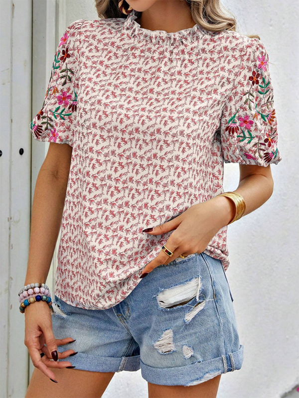 Evalina New Embroidered Printed Buckled Wave High Neck Short Colorblock Top