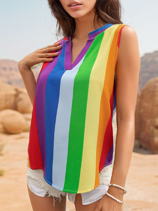 Malvina Women's Sleeveless Basic Shirt Tops Colorful Striped V-Neck Shirt