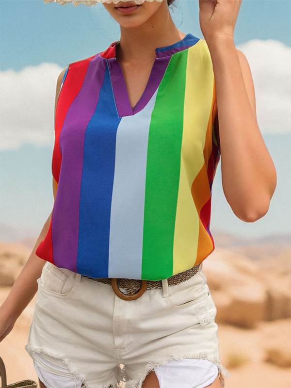 Malvina Women's Sleeveless Basic Shirt Tops Colorful Striped V-Neck Shirt