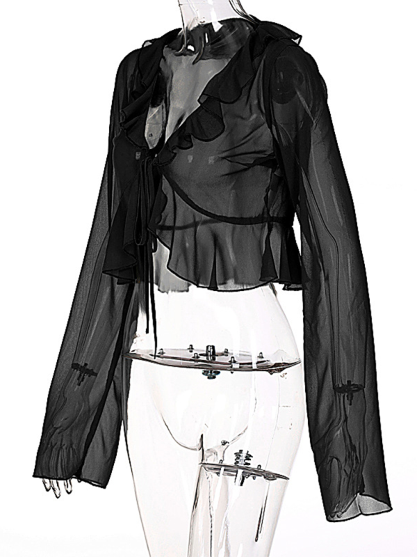 Davina New Style Ruffled Lace-Up Deep V-Neck Long-Sleeved Transparent Top