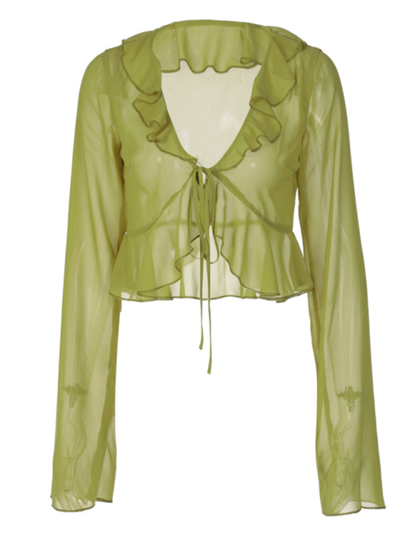 Davina New Style Ruffled Lace-Up Deep V-Neck Long-Sleeved Transparent Top