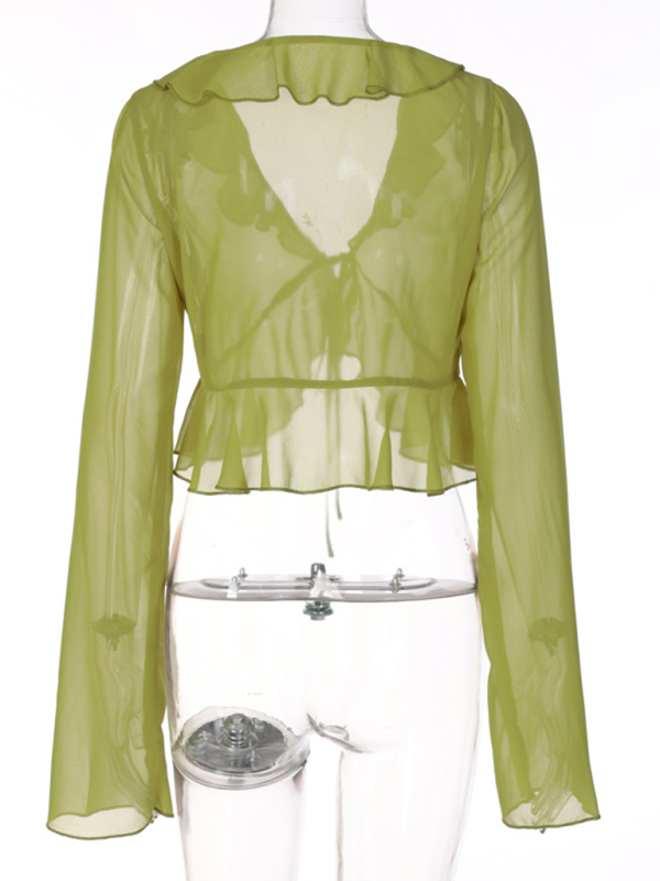 Davina New Style Ruffled Lace-Up Deep V-Neck Long-Sleeved Transparent Top