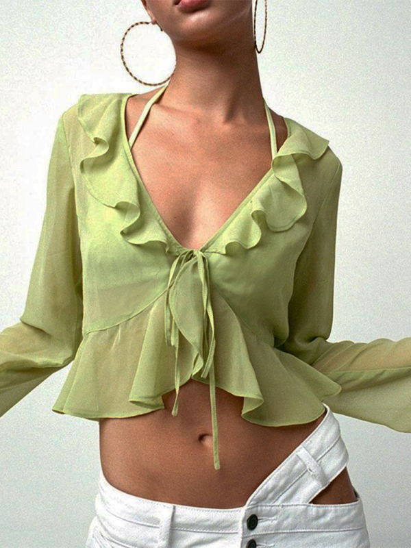 Davina New Style Ruffled Lace-Up Deep V-Neck Long-Sleeved Transparent Top