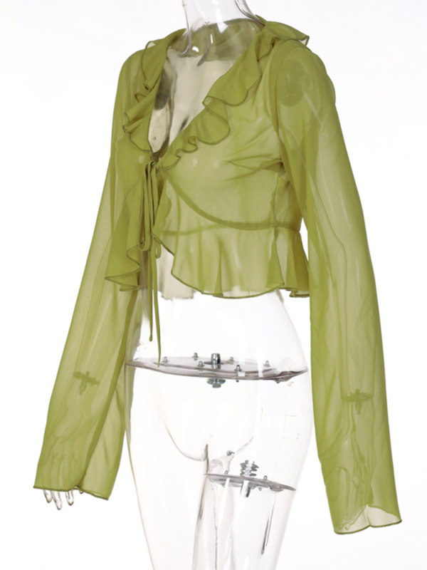 Davina New Style Ruffled Lace-Up Deep V-Neck Long-Sleeved Transparent Top