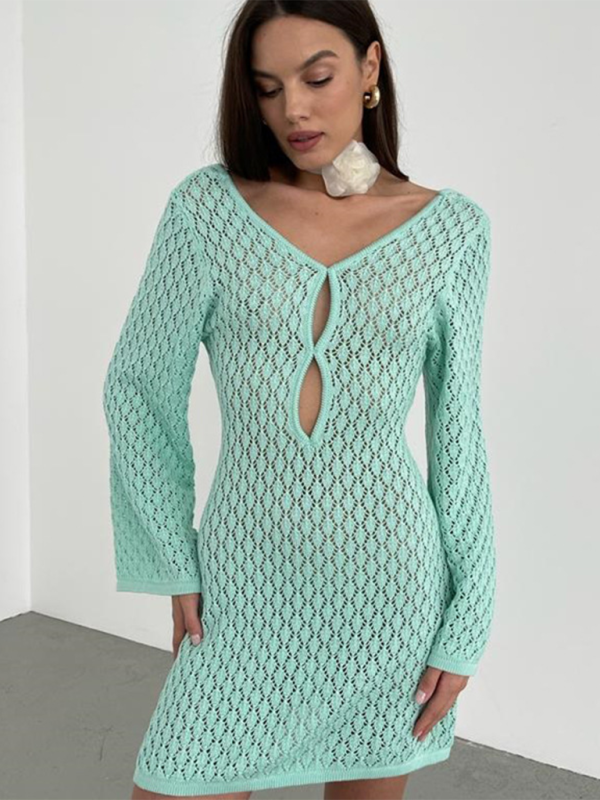Alaiya New Beach Dress Solid Color Sexy Knitted Hollow Bikini Swimsuit Cover Up Sun Protection Clothing