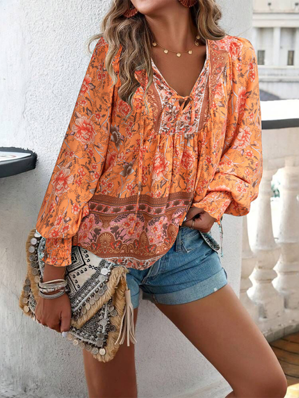 Louella New Casual Printed V-Neck Long-Sleeved Top
