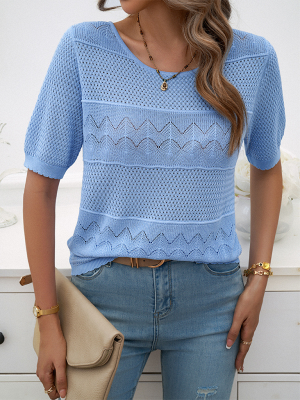 Demi Spring and Summer Women's Temperament Round Neck Hollow Top