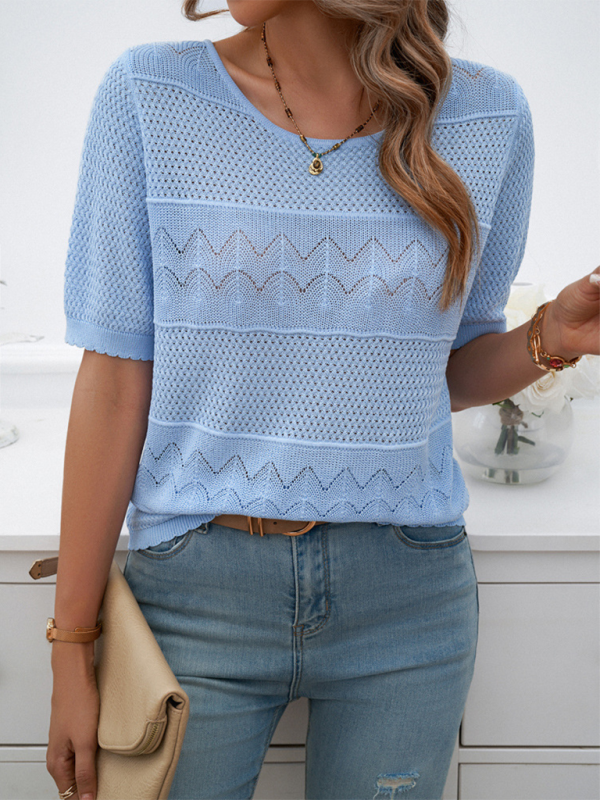 Demi Spring and Summer Women's Temperament Round Neck Hollow Top