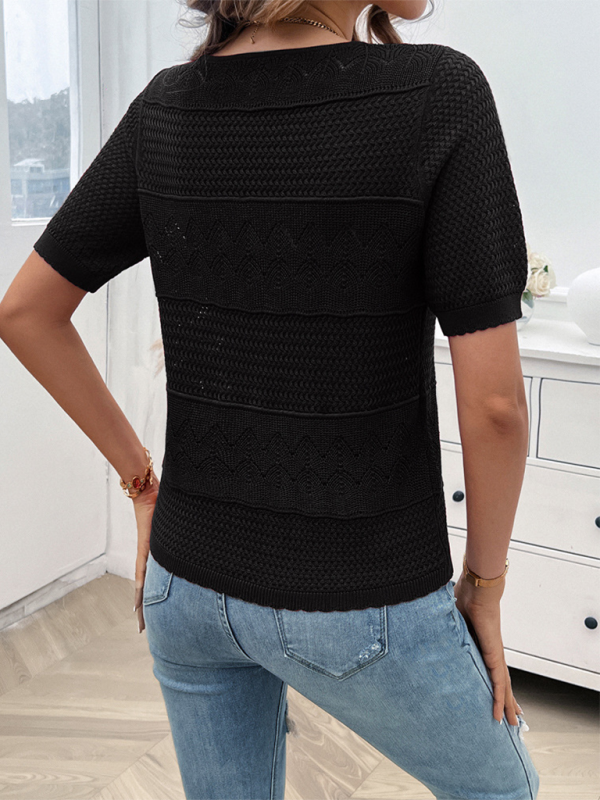 Demi Spring and Summer Women's Temperament Round Neck Hollow Top