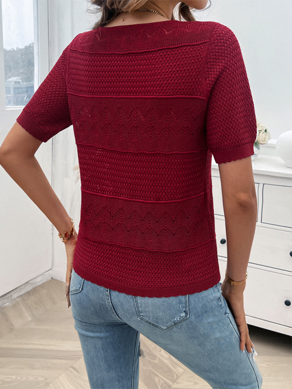 Demi Spring and Summer Women's Temperament Round Neck Hollow Top