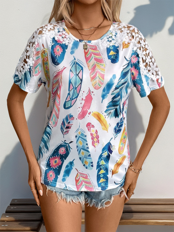 Candace New Style Splicing Lace Short-Sleeved T-Shirt Simple Temperament Basic T-Shirt