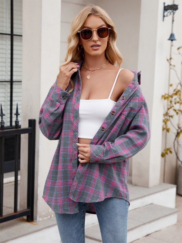 Estella Women's Casual Fashion Hot Girl Loose Plaid Shirt