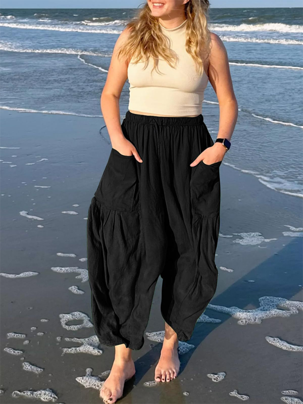 Eliana Women's elastic waist pleated high waist wide leg pants loose casual pants