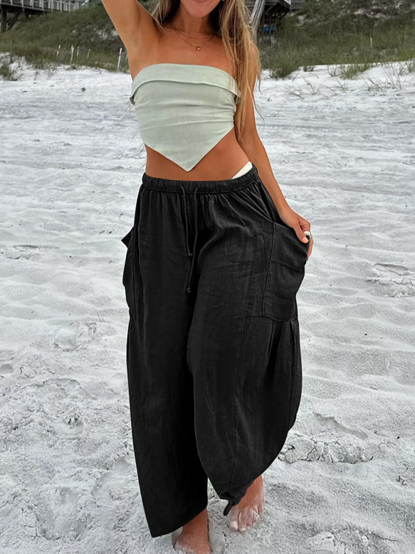 Eliana Women's elastic waist pleated high waist wide leg pants loose casual pants