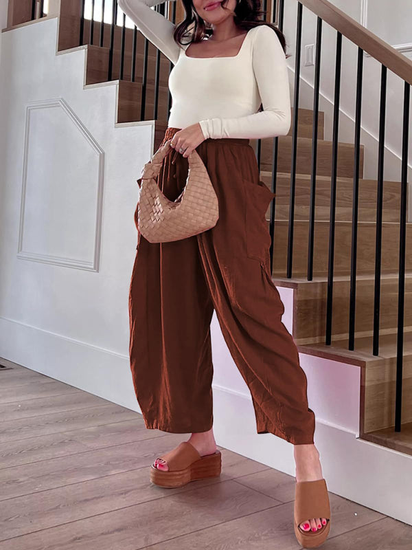 Eliana Women's elastic waist pleated high waist wide leg pants loose casual pants