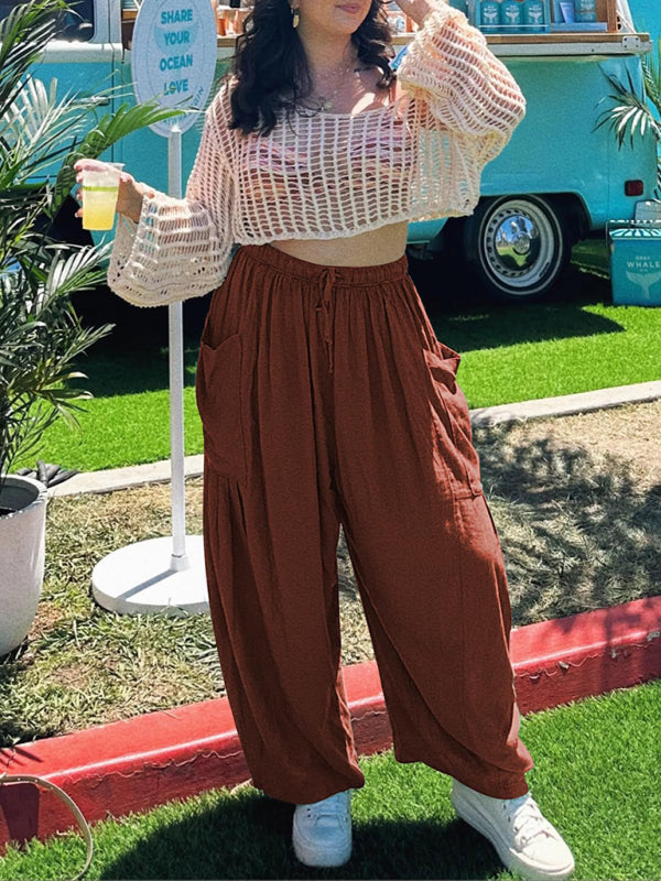 Eliana Women's elastic waist pleated high waist wide leg pants loose casual pants