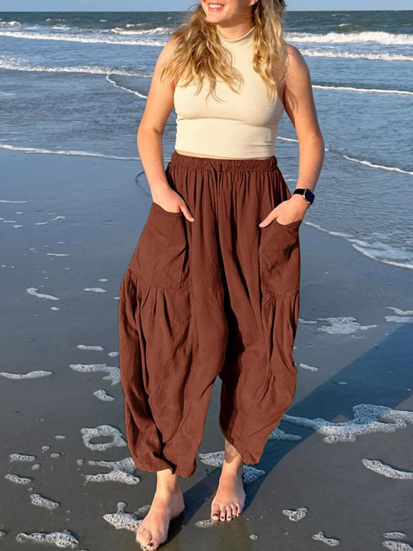 Eliana Women's elastic waist pleated high waist wide leg pants loose casual pants