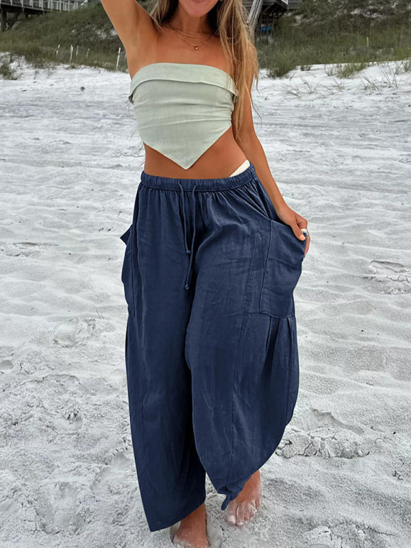 Eliana Women's elastic waist pleated high waist wide leg pants loose casual pants